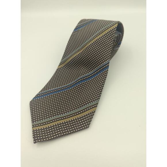 Salvatore Pellegrino Neck Tie 100% Silk Brown Blue Neutral‎ Check Striped Work - Picture 1 of 7